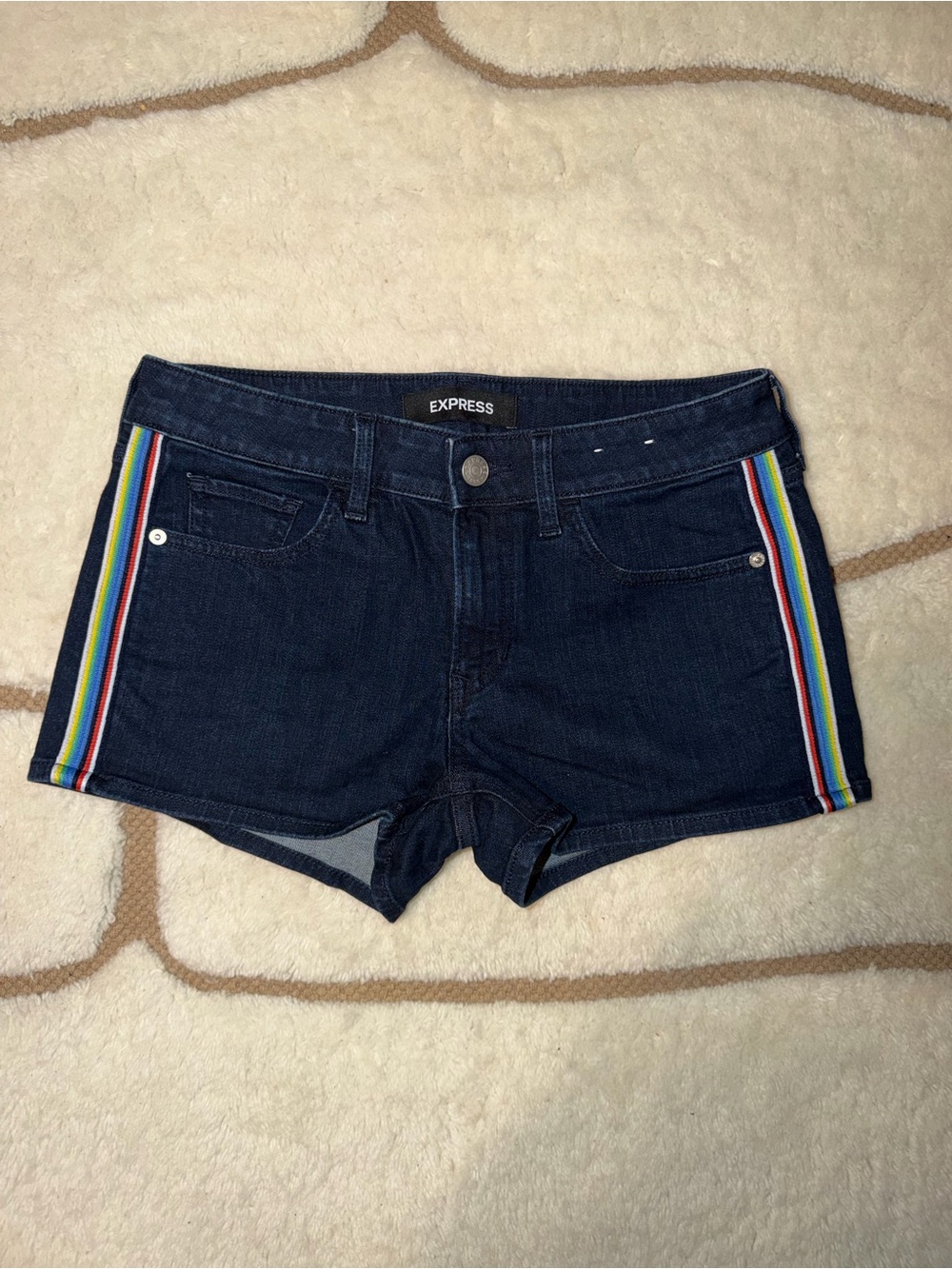 Express Women’s Size 2 Dark Wash Denim Shorts Rainbow Side Stripe